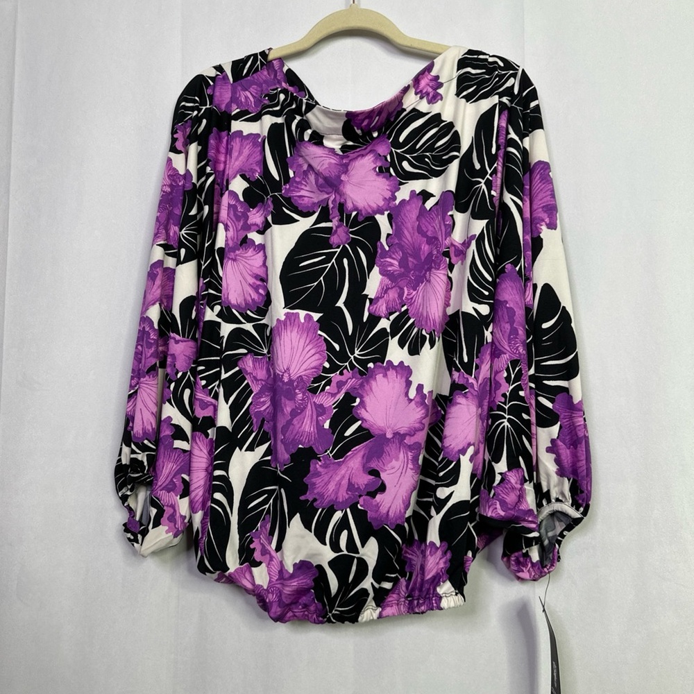 Floral Print Women's Bat Sleeve Elastic Waist Purple and Black Blouse